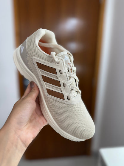Tênis Casual Esportivo Feminino Bege com Detalhes Marrom